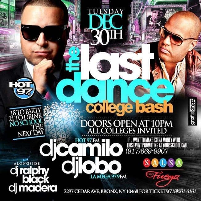Event - COLLEGE PARTY @ SALSA CON FUEGO BRONX NY DJ CAMILO - Bronx, New York - 30 de diciembre de 2014 | concert tickets
