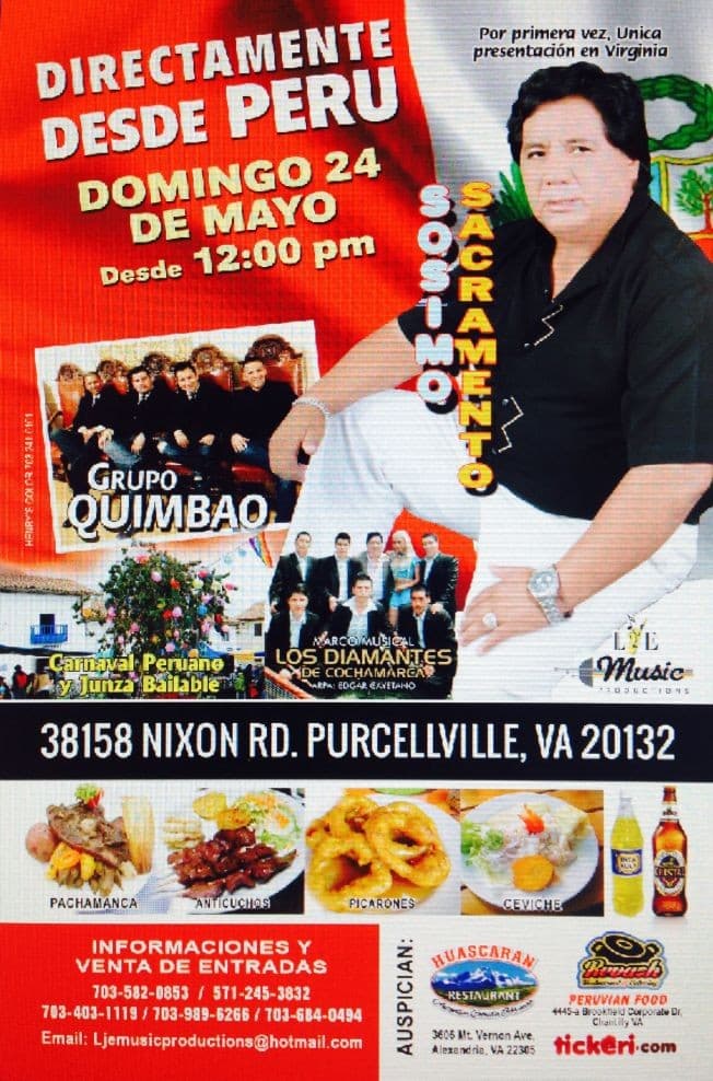 Event - Sosimo Sacramento y Los Diamantes de Cochamarca - Purcellville, Virginia - May 24, 2015 | concert tickets