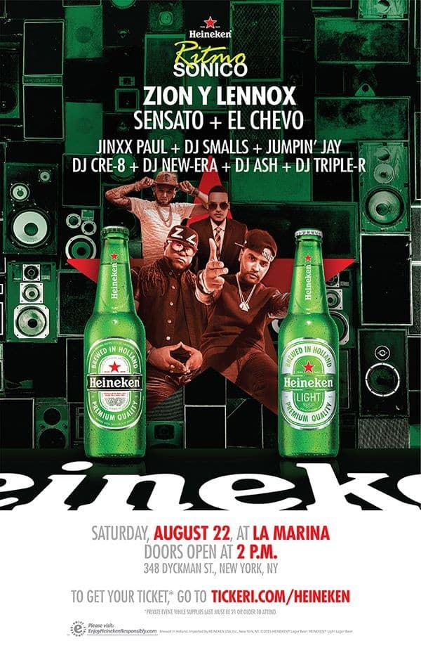 Event - Heineken Ritmo Sonico presents Zion y Lennox, Sensato and more en New York - New York, New York - August 22, 2015 | concert tickets