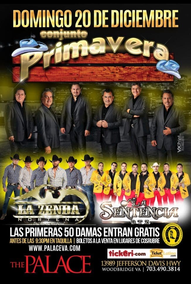 Event - GRAN BAILAZO!!! CONJUNTO PRIMAVERA - CENTENCIA DE TUZANTLA  Y ZENDA NORTEÑA 3 GRUPOS UNA SOLA TARIMA!! - Woodbridge, Virginia - December 24, 2015 | concert tickets