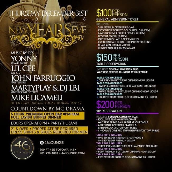 Event - NYE 2016 At 46 Lounge - Totowa, New Jersey - December 31, 2015 | concert tickets
