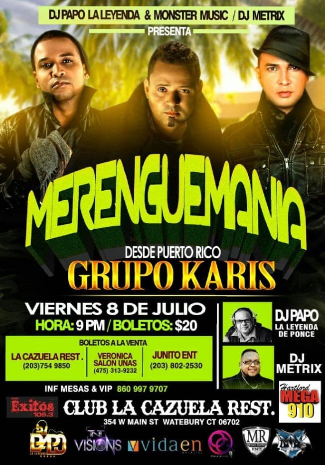 Event - MERENGUE MANIA CON EL GRUPO KARIS - Waterbury, Connecticut - 8 de julio de 2016 | concert tickets