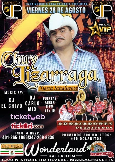 Event - Chuy Lizarraga y su Banda Tierra Sinaloensa & Arrazadores de la Sierra - Revere, Massachusetts - August 26, 2016 | concert tickets