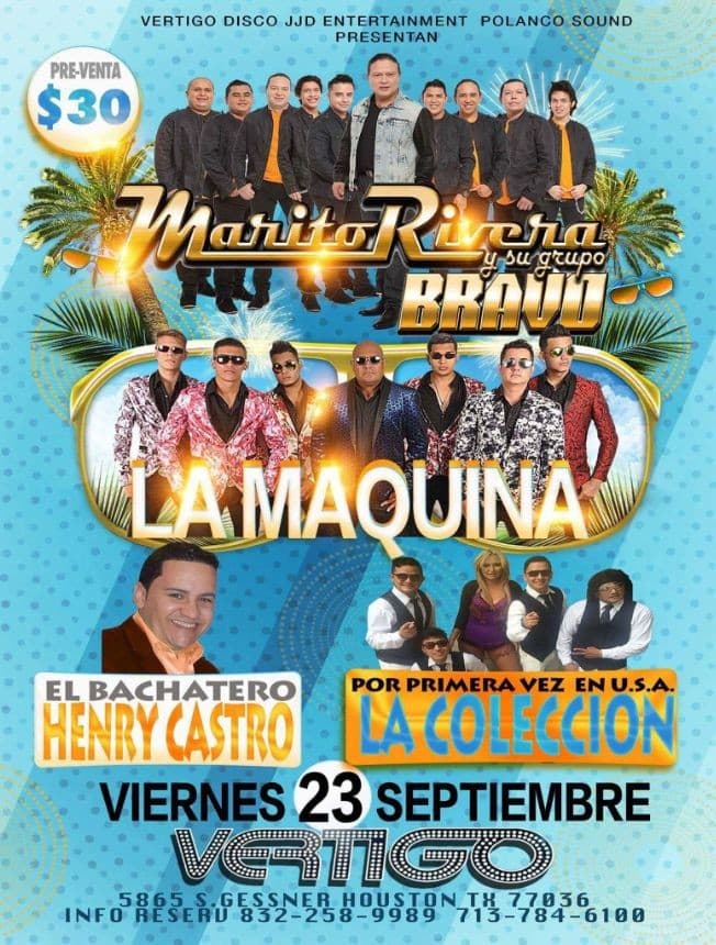 Event - Marito Rivera y su grupo Bravo, La Maquina, Henry Castro & La Coleccion - Houston, Texas - September 23, 2016 | concert tickets