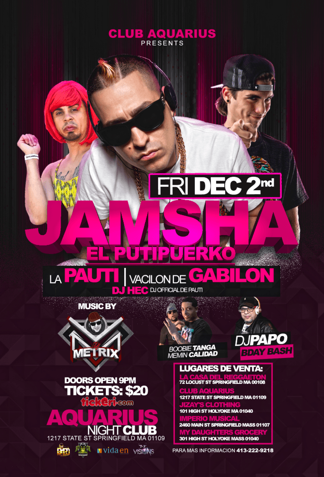 Event - PARTEME COMO CRAYOLA JAMSHA & PAUTI AND GABILON - Springfield, Massachusetts - 2 de diciembre de 2016 | concert tickets