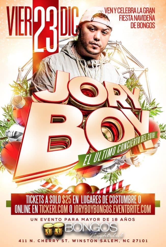 Event - Jory Boy en Concierto - Bongos Nightclub - Winston-Salem, North Carolina - 23 de diciembre de 2016 | concert tickets