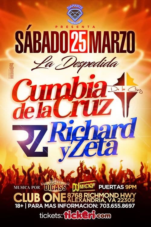 Event - Cumbia de La Cruz & Banda Zeta SABADO 25 CLUB ONE - Alexandria, Virginia - March 25, 2017 | concert tickets