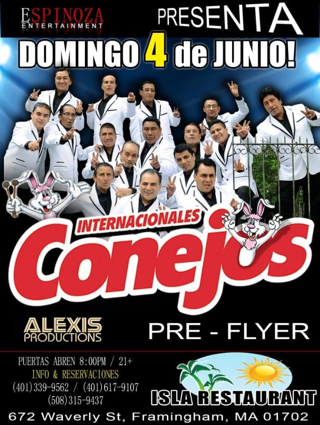 Event - Los Internacionales Conejos en el Isla Restaurant - Framingham, Massachusetts - June 4, 2017 | concert tickets