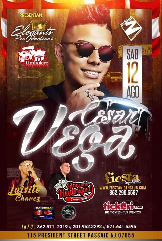 Event - Cesar Vega en Passaic,NJ CANCELADO - Passaic, New Jersey - August 12, 2017 | concert tickets
