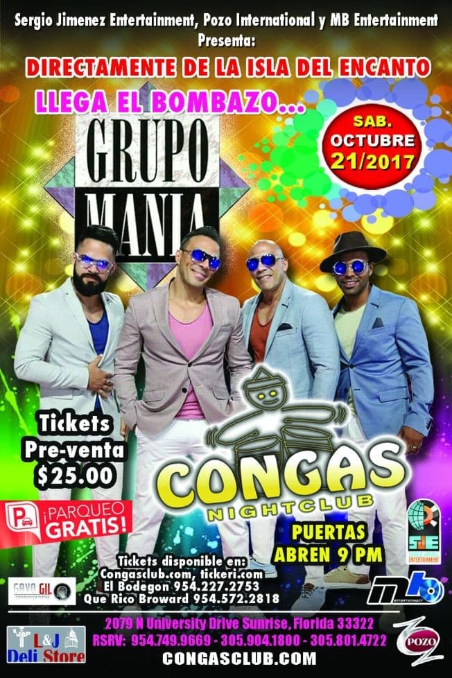 Event - GRUPO MANIA EN CONGAS NIGHTCLUB EN SUNRISE FL - Sunrise, Florida - 21 de octubre de 2017 | concert tickets