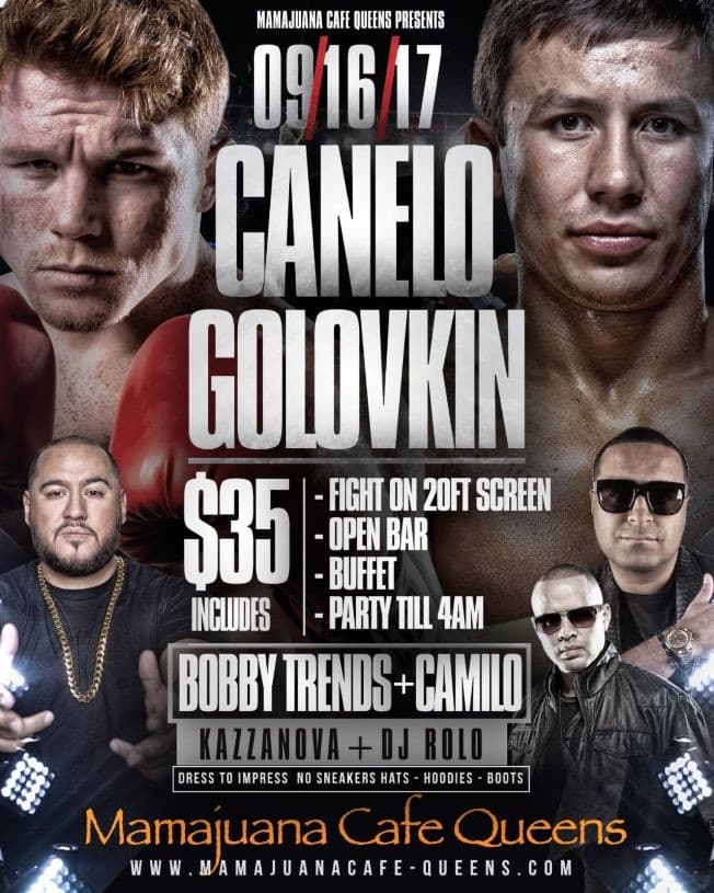 Event - Canelo vs. GGG w/Open Bar DJ Camilo, DJ Kazzanova, Bobby Trends and Buffet Mamajuana Cafe Queens - Queens, New York - September 16, 2017 | concert tickets