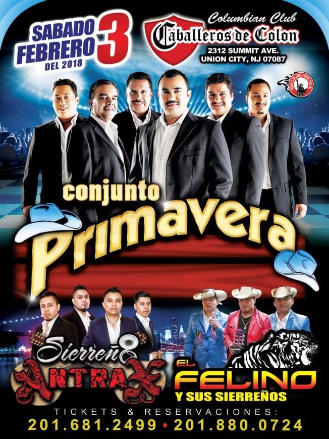 Event - Conjunto Primavera, Sierreño Antrax & El Felino y Sus Sierreños en Union City,NJ - Union City, New Jersey - February 3, 2018 | concert tickets