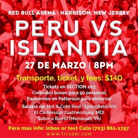 Event - Peru vs Islandia (transporte desde Virginia + tickets) - Harrison, New Jersey - 27 de marzo de 2018 | concert tickets