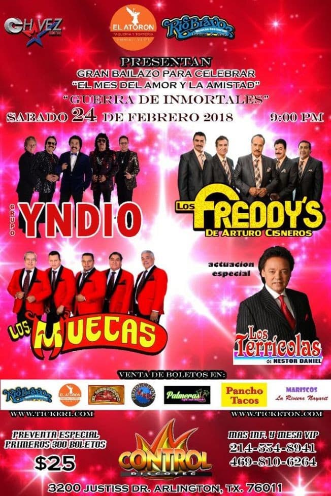 Event - Yndio, Los Freddy's de Arutro Cisneros, Los Muecas & Los Terricolas en Arlington,TX - Arlington, Texas - February 24, 2018 | concert tickets