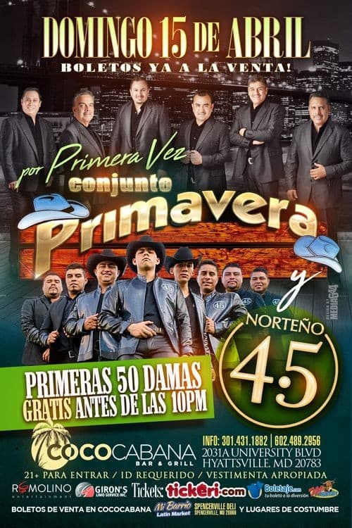 Event - Remolino Entertaiment Present.!!Conjunto Primavera y Norteno 4.5 En Concierto.!!! - Adelphi, Maryland - 15 de abril de 2018 | concert tickets