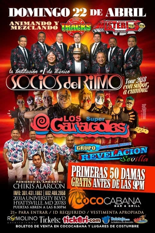 Event - Remolino Entertaiment: te trae.!! otra parranda de lujo.!!! Socios del Ritmo, Los Super Caracoles & Grupo Revelacion Sevilla,en En Concierto. - Adelphi, Maryland - April 22, 2018 | concert tickets