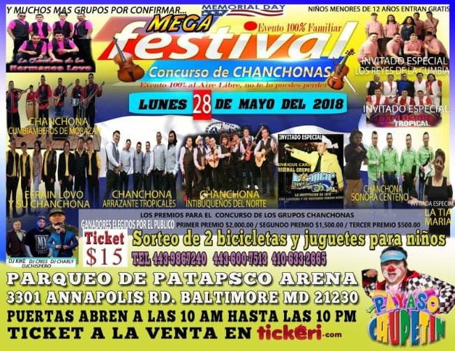 Event - MEGA FESTIVAL (CONCURSO DE CHANCHONAS) - BALTIMORE, Maryland - May 28, 2018 | concert tickets