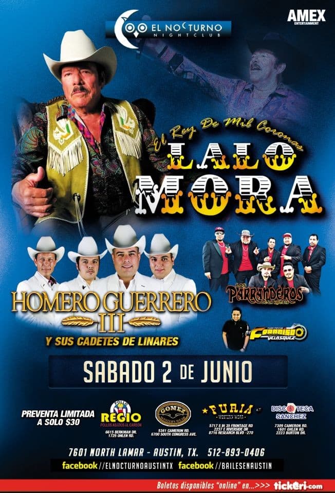 Event - Lalo Mora, Cadetes de Linares de Homero Guerrero III, y Parranderos de la kumbia! - Austin, Texas - June 2, 2018 | concert tickets