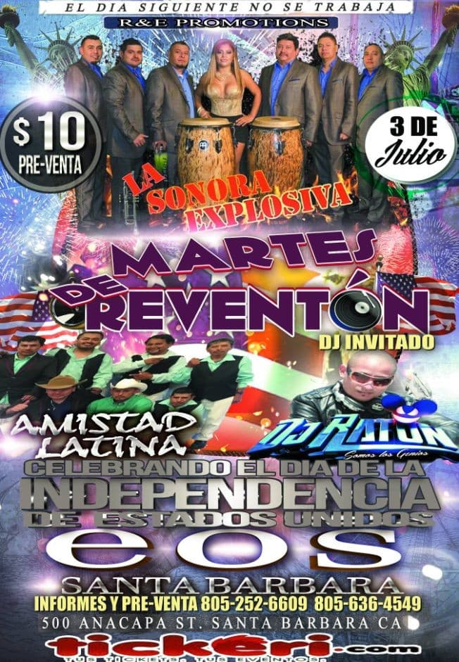 Event - Sonora Explosiva, Amistad Latina, Eos Night Club - Santa Barbara, California - July 3, 2018 | concert tickets