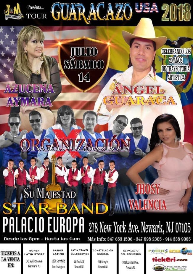 Event - TOUR GUARACAZO con Angel Guaraca, Organizacion X, Azucena Aymaru y mas - Newark, New Jersey - 14 de julio de 2018 | concert tickets