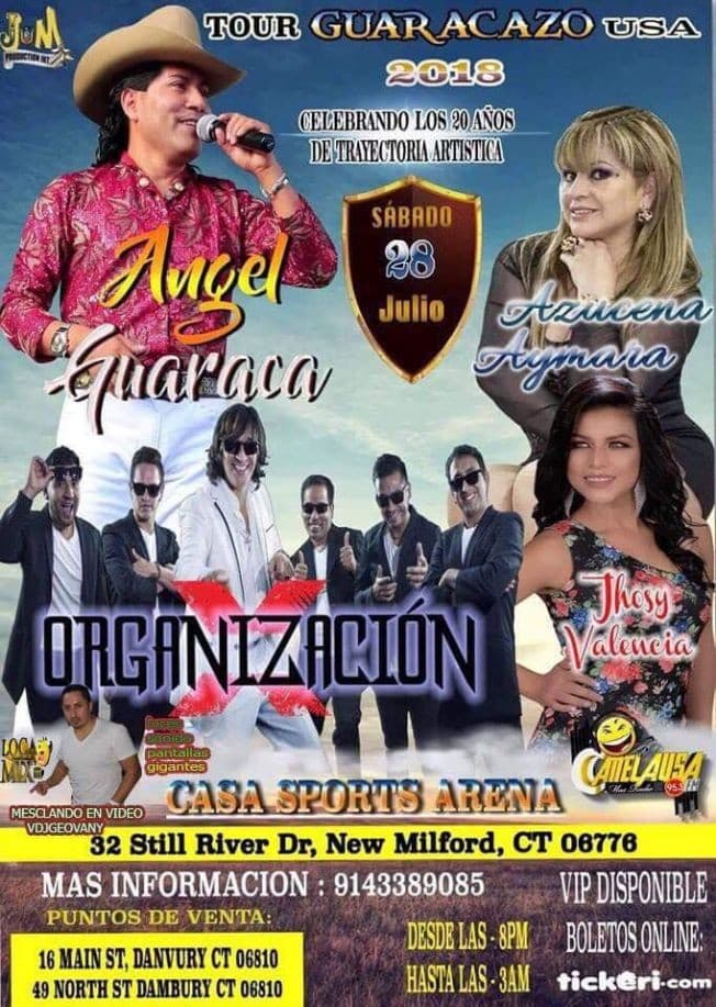 Event - TOUR GUARACAZO con Angel Guaraca, Organizacion X, Azucena Aymaru y mas en Milford,CT - New Milford, Connecticut - July 28, 2018 | concert tickets