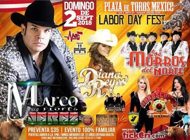Event - Marco Flores y La Jerez, Diana Reyes, Los Horoscopos de Durango & Los Morros del Norte en Warsaw,IN - Warsaw, Indiana - September 2, 2018 | concert tickets