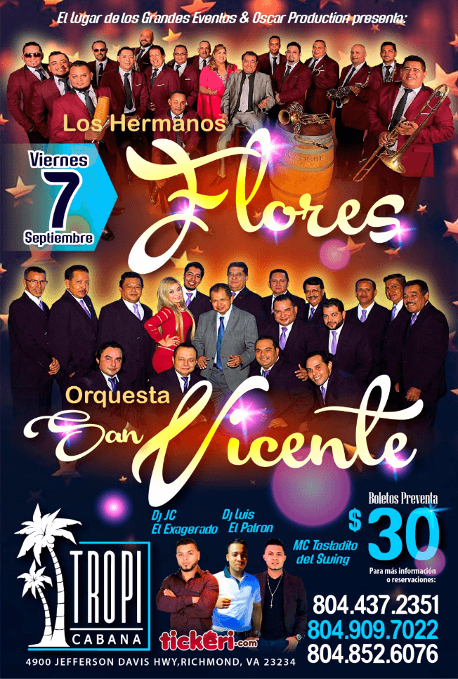 Event - Los Hermanos Flores y Orquesta San Vicente En Richmond,VA - Richmond, Virginia - September 7, 2018 | concert tickets