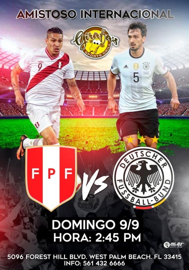 Event - “PERU vs GERMANY” Watch Party en GIRAFA’S - West Palm Beach, Florida - 9 de septiembre de 2018 | concert tickets