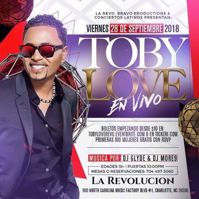 Event - Toby Love “En Concierto” - Viernes 28 de Sept @ La Revolucion - Charlotte, North Carolina - 28 de septiembre de 2018 | concert tickets