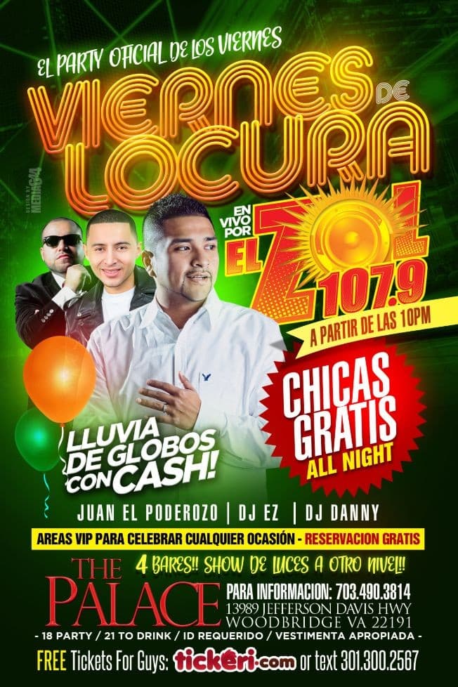 Event - Viernes LADIES NIGHT De Locura TOTAL!! AT THE PALACE ,EN VA - Woodbridge, Virginia - October 5, 2018 | concert tickets