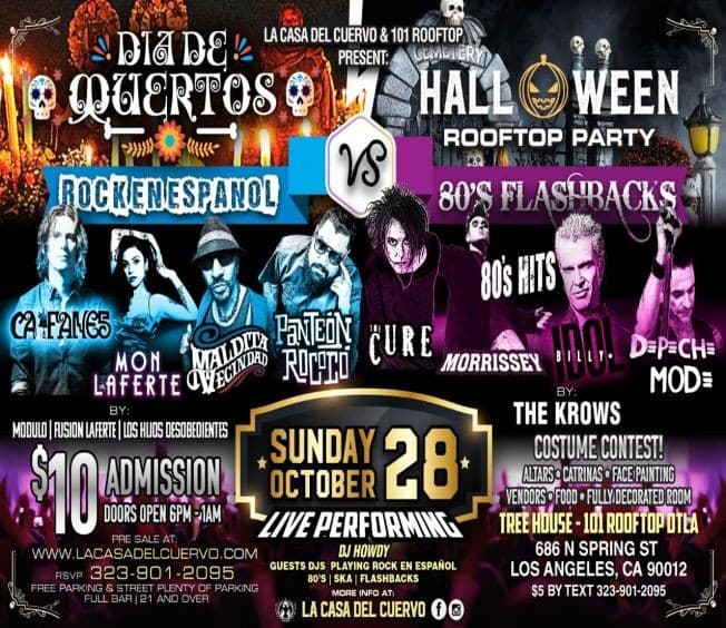 Event - 5 TRIBUTE BANDS ON STAGE: CAIFANES / MON LAFERTE / PANTEON ROCOCO / LA MALDITA / THE CURE / MORRISSEY / DM / DIA DE MUERTOS VS HALLOWEEN DTLA ROOFTOP PARTY - Los Angeles, California - October 28, 2018 | concert tickets