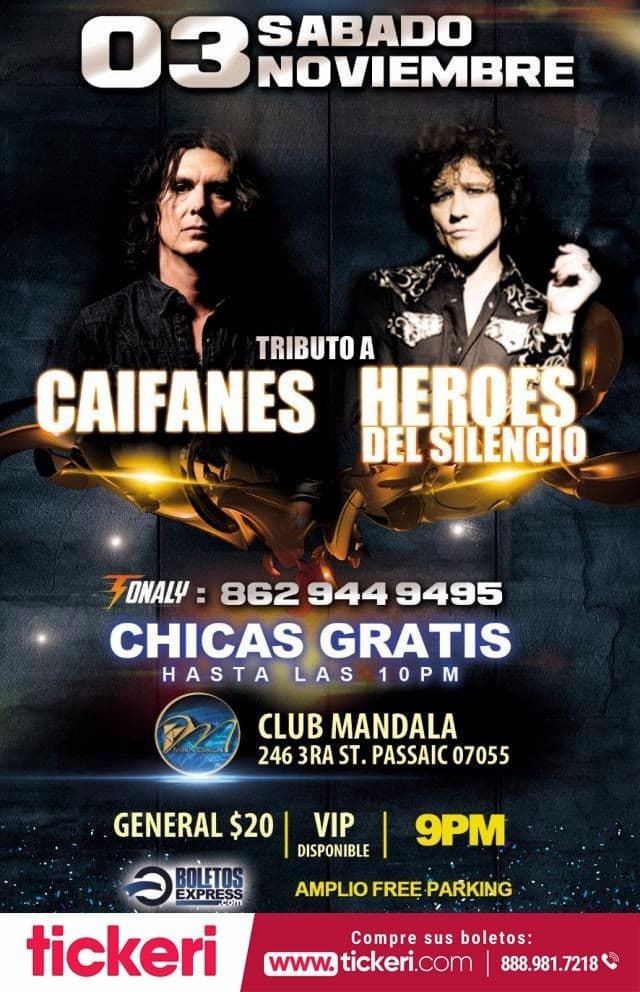 Event - TRIBUTO A CAIFANES  Y HEROES DEL SILENCIO EN PASSAIC, NJ - PASSAIC, New Jersey - November 3, 2018 | concert tickets