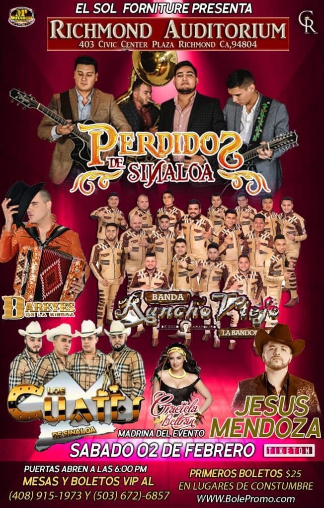 Event - Perdidos de Sinaloa, Banda Rancho Viejo, Los Cuates & Jesus Mendoza en Richmond,CA - Richmond, California - February 2, 2019 | concert tickets
