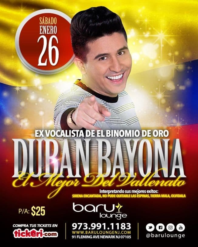 Event - Duban Bayona - Lo Mejor del Vallenato - Newark, New Jersey - January 26, 2019 | concert tickets