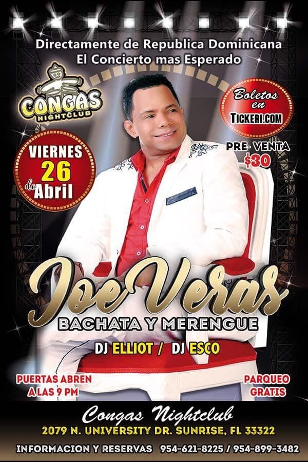Event - JOE VERAS - Concierto de Bachata y Merengue - Sunrise, Florida - April 26, 2019 | concert tickets