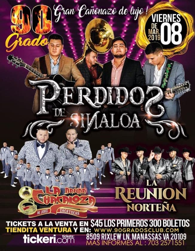 Event - Perdidos de Sinaloa, La Banda Chacaloza & La Reunion Norteña en Manassas,VA - Manassas, Virginia - 8 de marzo de 2019 | concert tickets