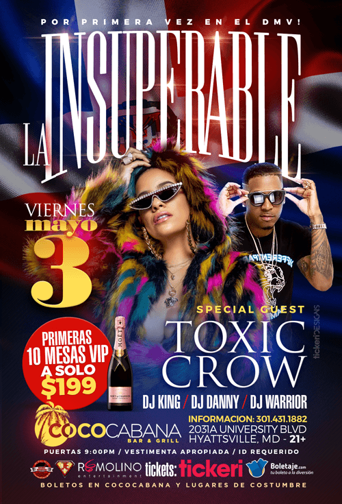 Event - POR PRIMERA VEZ EN EL DMV- LA INSUPERABLE & TOXIC CROW LIVE AT COCOCABANA! - Adelphi, Maryland - May 3, 2019 | concert tickets
