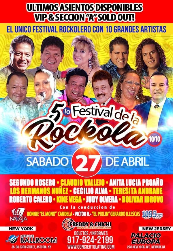 Event - FESTIVAL DE LA ROCKOLA NEW JERSEY - SEGUNDO ROSERO, CLAUDIO VALLEJO, ANITA LUCIA PROAÑO, HERMANOS NUÑEZ, CECILIO ALVA, KIKE VEGA, ROBERTO CALERO - Newark, New Jersey - April 27, 2019 | concert tickets