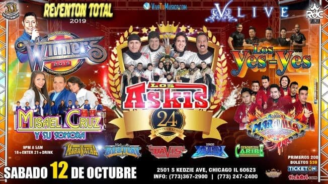 Event - Reventon Total en V-Live ::: ASKIS ::: WINNERS ::: MISAEL CRUZ ::: LOS YESYES ::: MARAVILLA ::: - Chicago, Illinois - October 12, 2019 | concert tickets