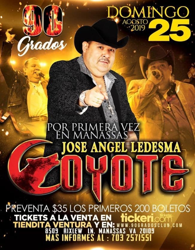 Event - Jose Angel Ledesma Coyote en Manassas,Va - Manassas, Virginia - 25 de agosto de 2019 | concert tickets