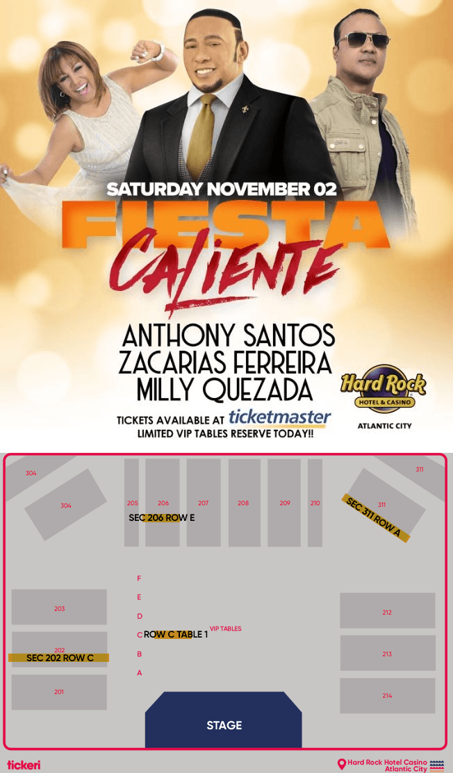 Event - Fiesta Caliente con Anthony Santos, Zacarias Ferreira & Milly Quezada en Atlantic City,NJ - Atlantic City, New Jersey - November 2, 2019 | concert tickets