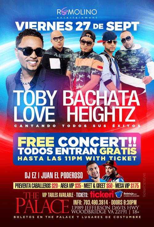 Event - Toby Love & Bachata Heightz live @THE PALACE!! - Woodbridge, Virginia - September 27, 2019 | concert tickets