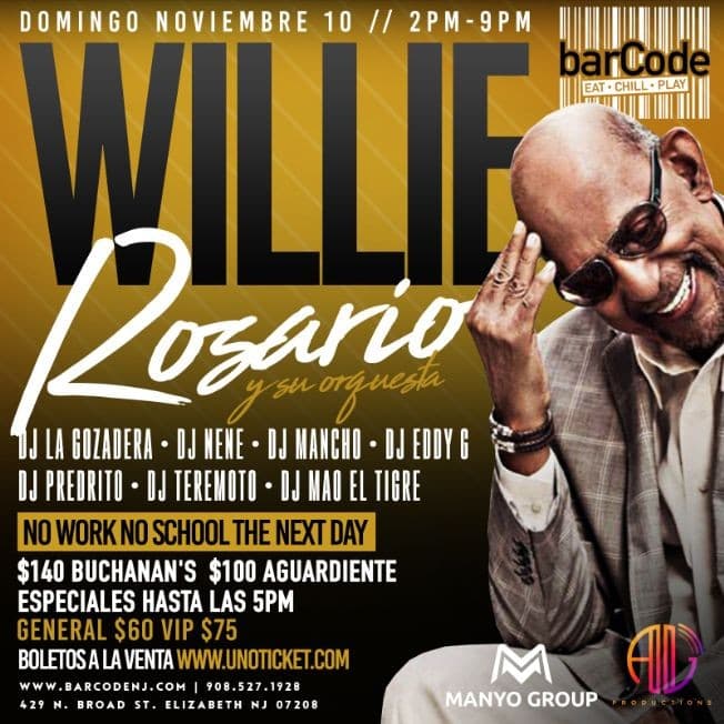 Event - Willie Rosario Performing Live @barCode - Elizabeth, New Jersey - November 10, 2019 | concert tickets