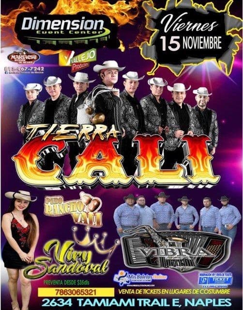 Event - TIERRA CALI, VIRI SANDOVAL Y LA VIBRA NORTENA - Naples, Florida - November 15, 2019 | concert tickets