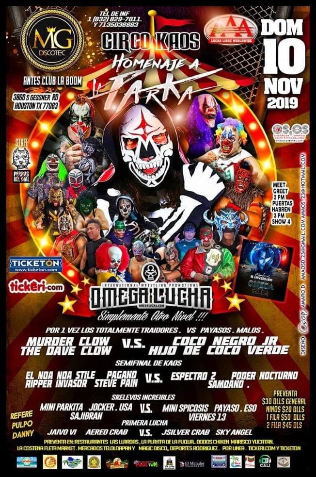 Event - Circo Kaos Homenaje a La Parka,Omega Lucha Totalmente Traidores vs Payasos Malos En Houston,TX - Houston, Texas - November 10, 2019 | concert tickets