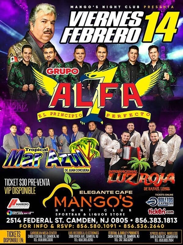 Event - Grupo Alfa 7, Tropical Mar Azul e Internacional Luz Roja en Concierto! - Camden, New Jersey - February 14, 2020 | concert tickets