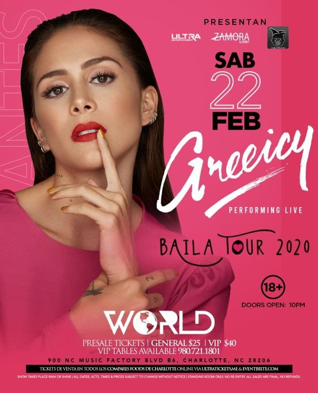 Event - Greeicy | Baila Tour 2020 | World Charlotte NC | 02.22.2020 - Charlotte, North Carolina - February 22, 2020 | concert tickets
