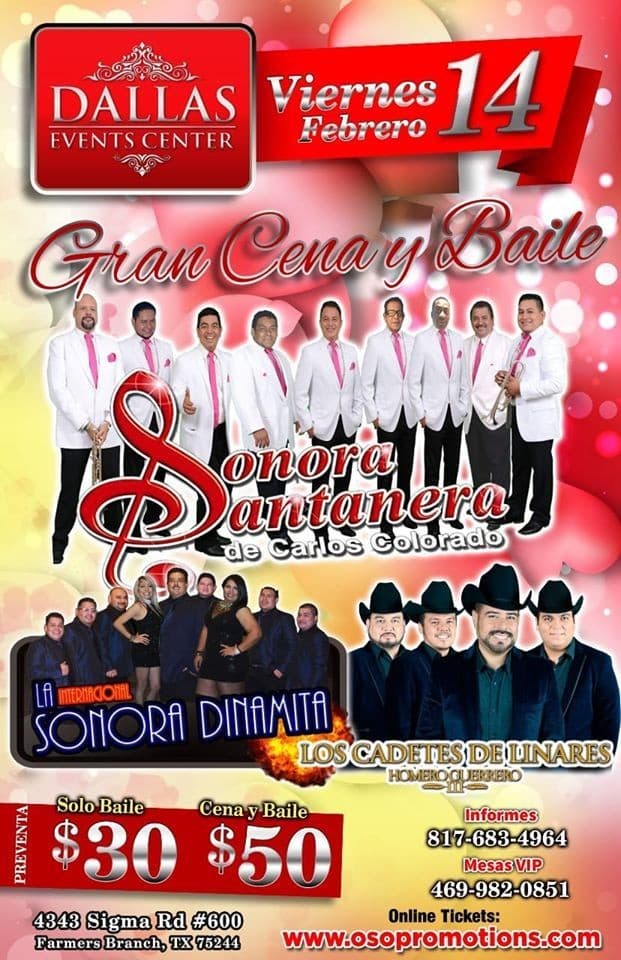 Event - Gran Cena y Baile El Dia de San Valentin con la Sonora Santanera, Sonora Dinamita y los Cadetes de Linares! - Farmers Branch, Texas - February 14, 2020 | concert tickets