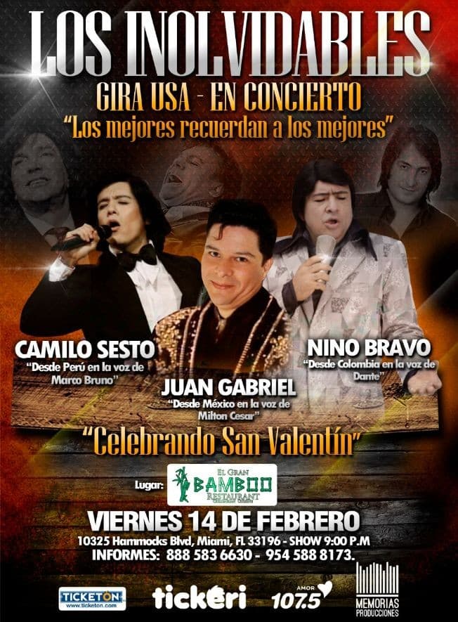 Event - Tributo Los Inolvidables Gira USA 2020 Camilo Sesto,Nino Bravo Juan Gabriel En Miami,FL - Miami, Florida - February 14, 2020 | concert tickets