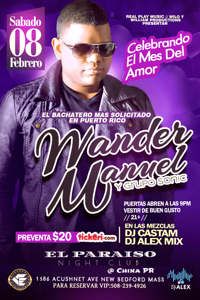 Event - WANDER MANUEL EN VIVO @ EL PARAISO NIGHT CLUB - NEW BEDFORD, Massachusetts - February 8, 2020 | concert tickets